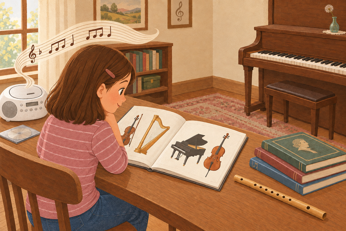 Music study illustration with a floating Beethoven-inspired musical staff