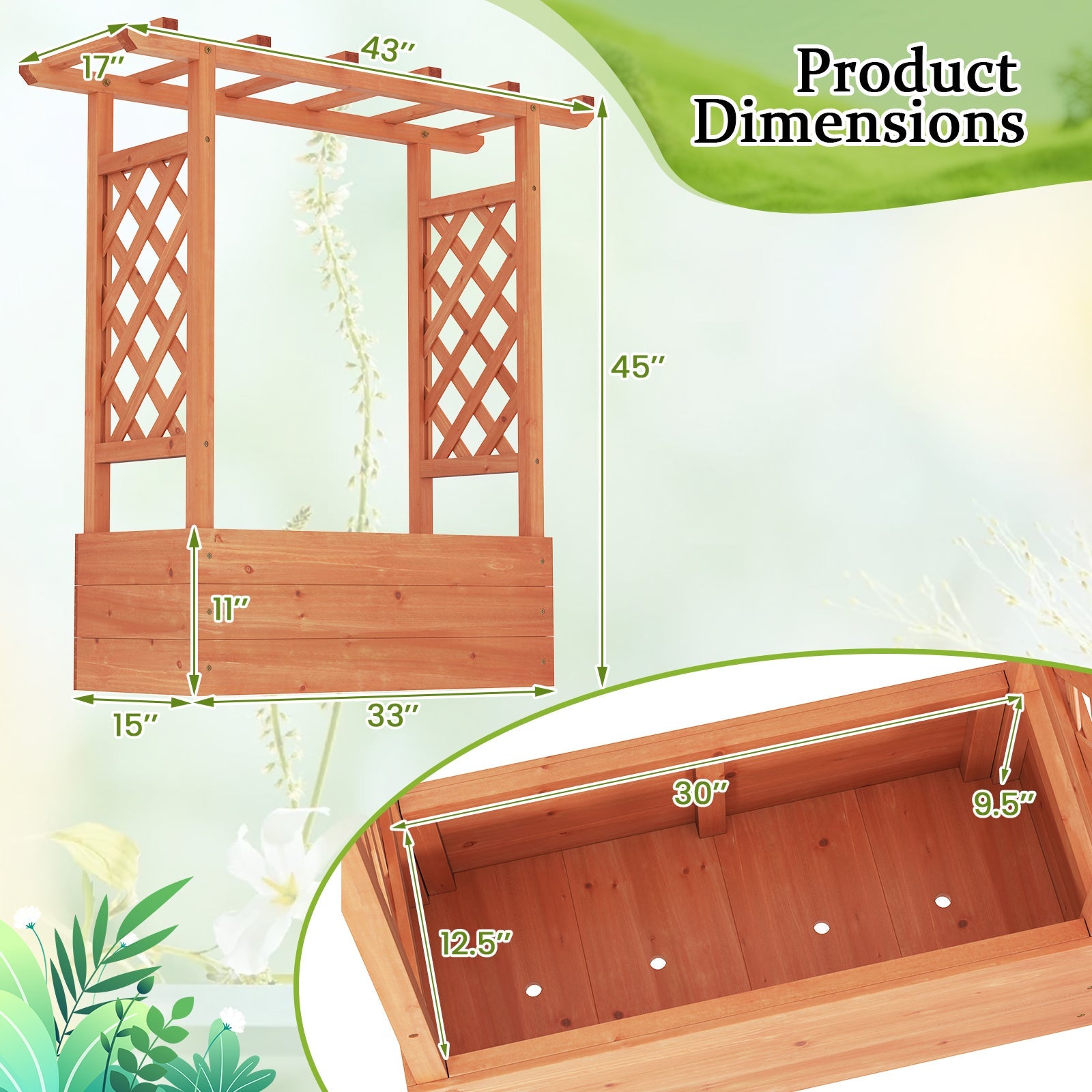 Wooden Raised Garden Bed Elevated Planter Box with Trellis and Hanging Roof