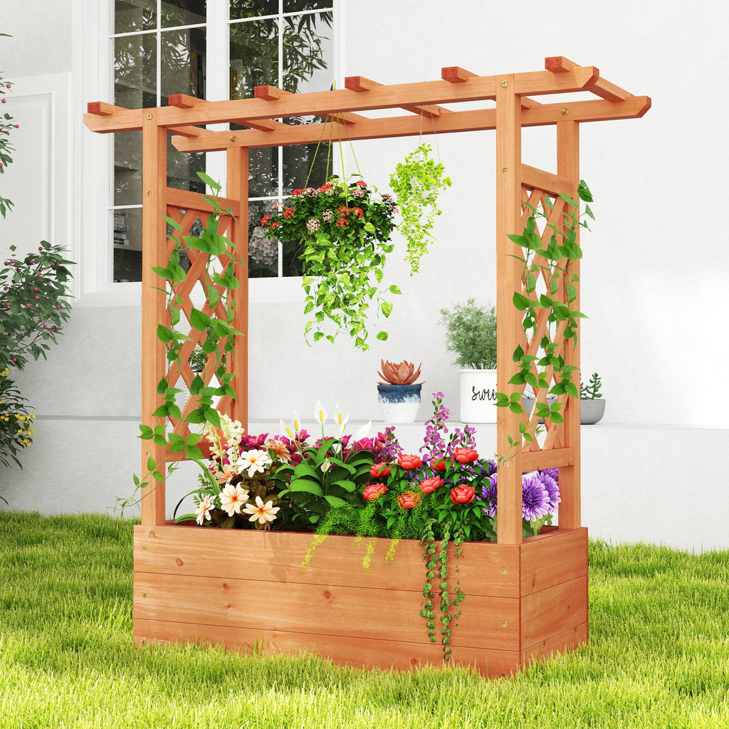 Wooden Raised Garden Bed Elevated Planter Box with Trellis and Hanging Roof