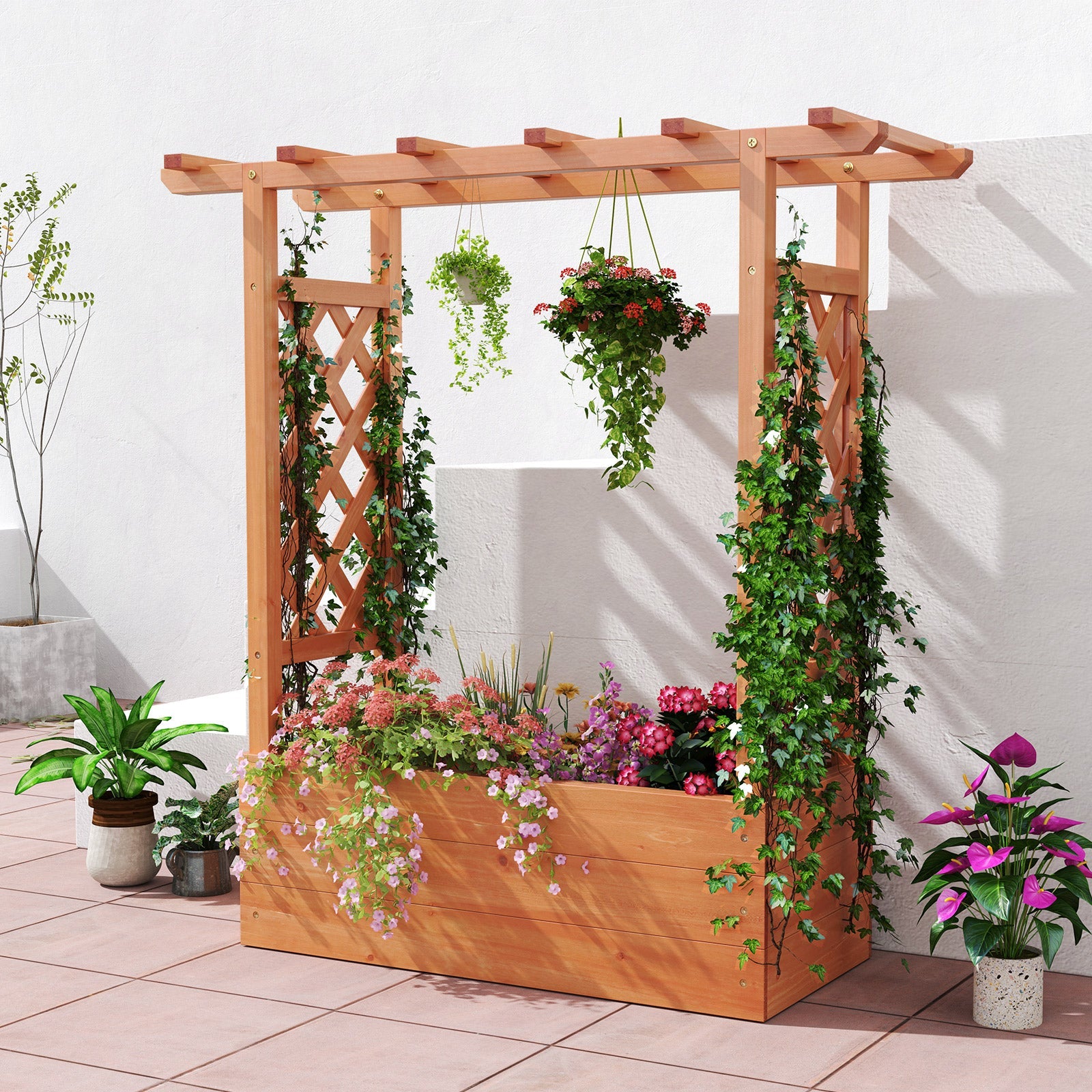 Wooden Raised Garden Bed Elevated Planter Box with Trellis and Hanging Roof