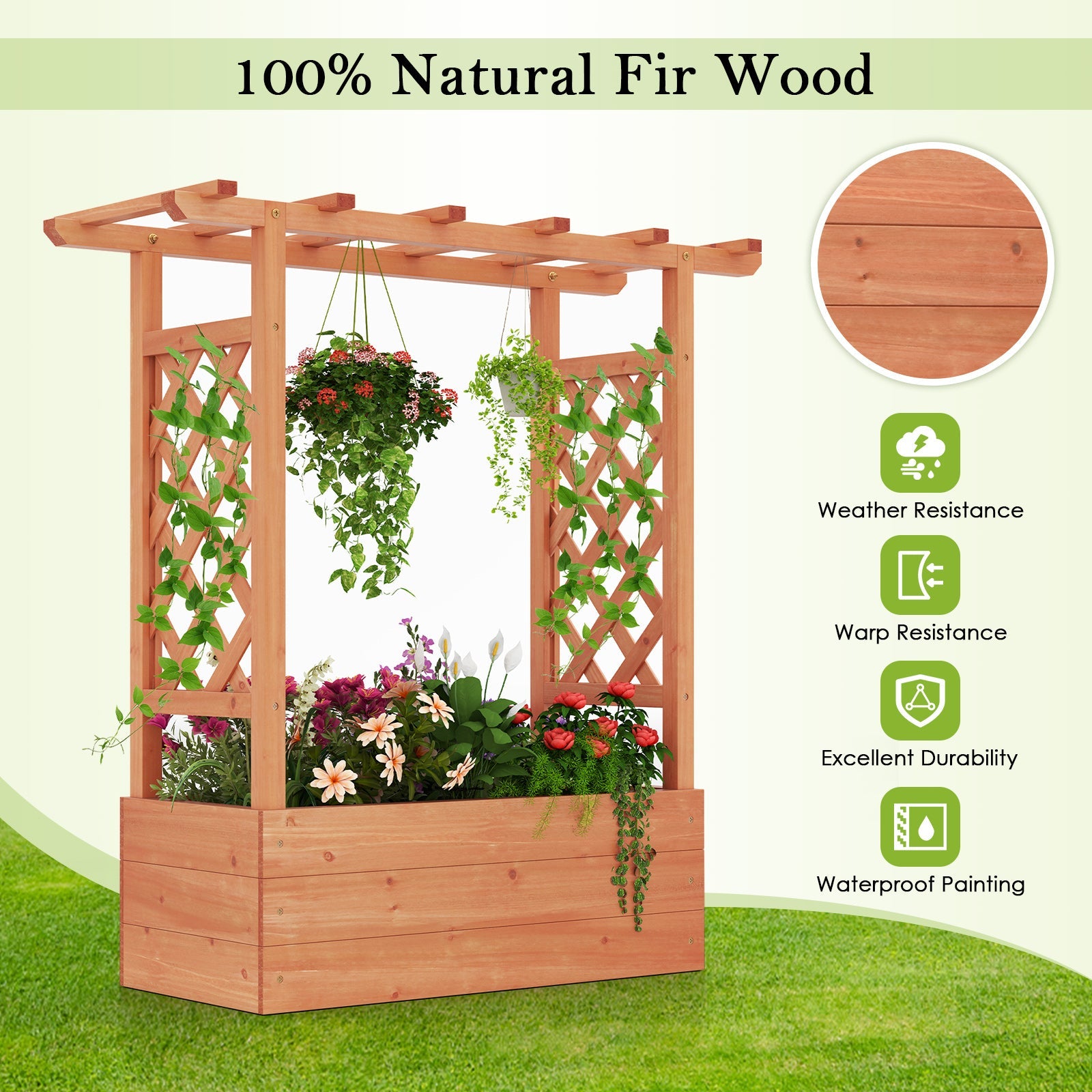Wooden Raised Garden Bed Elevated Planter Box with Trellis and Hanging Roof
