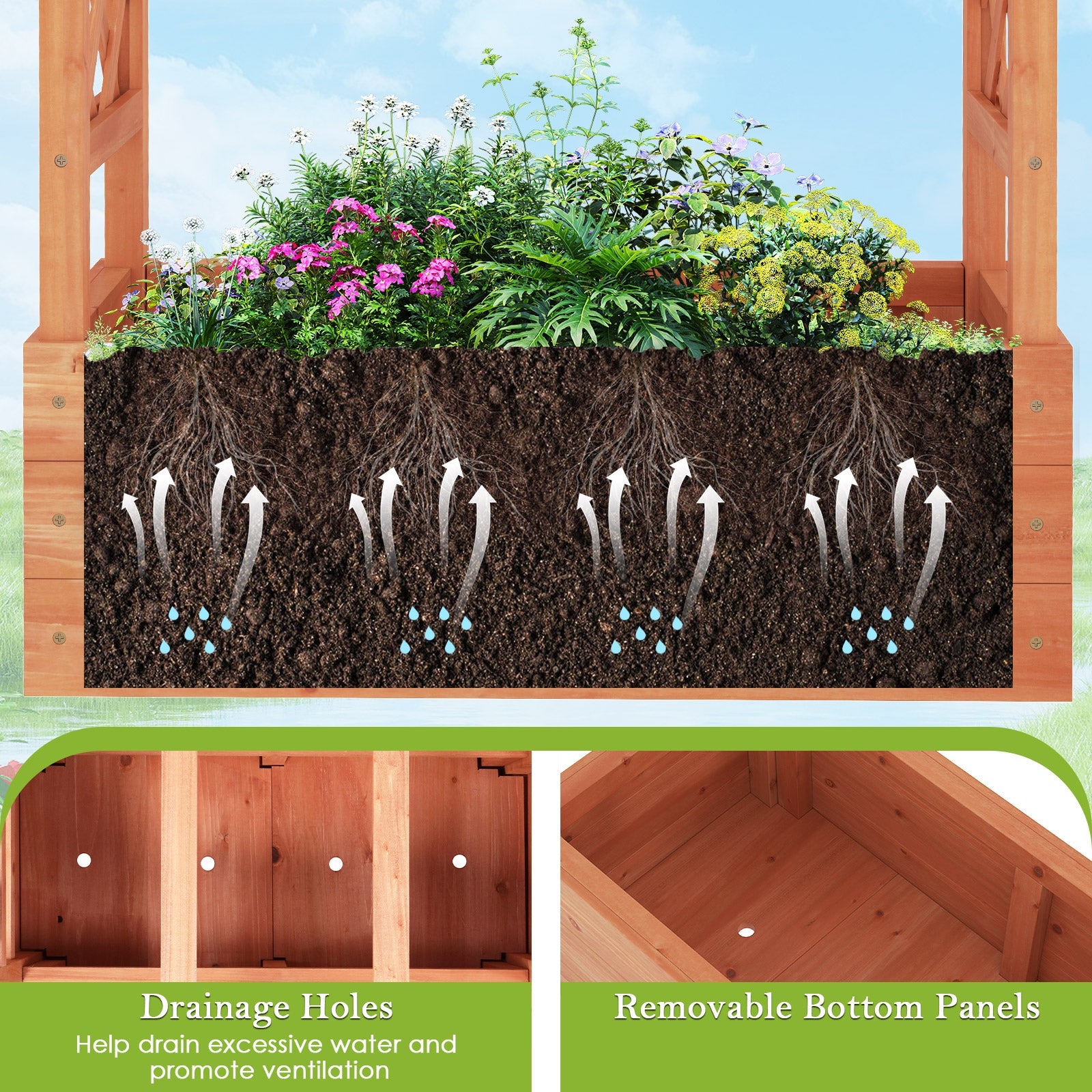 Wooden Raised Garden Bed Elevated Planter Box with Trellis and Hanging Roof