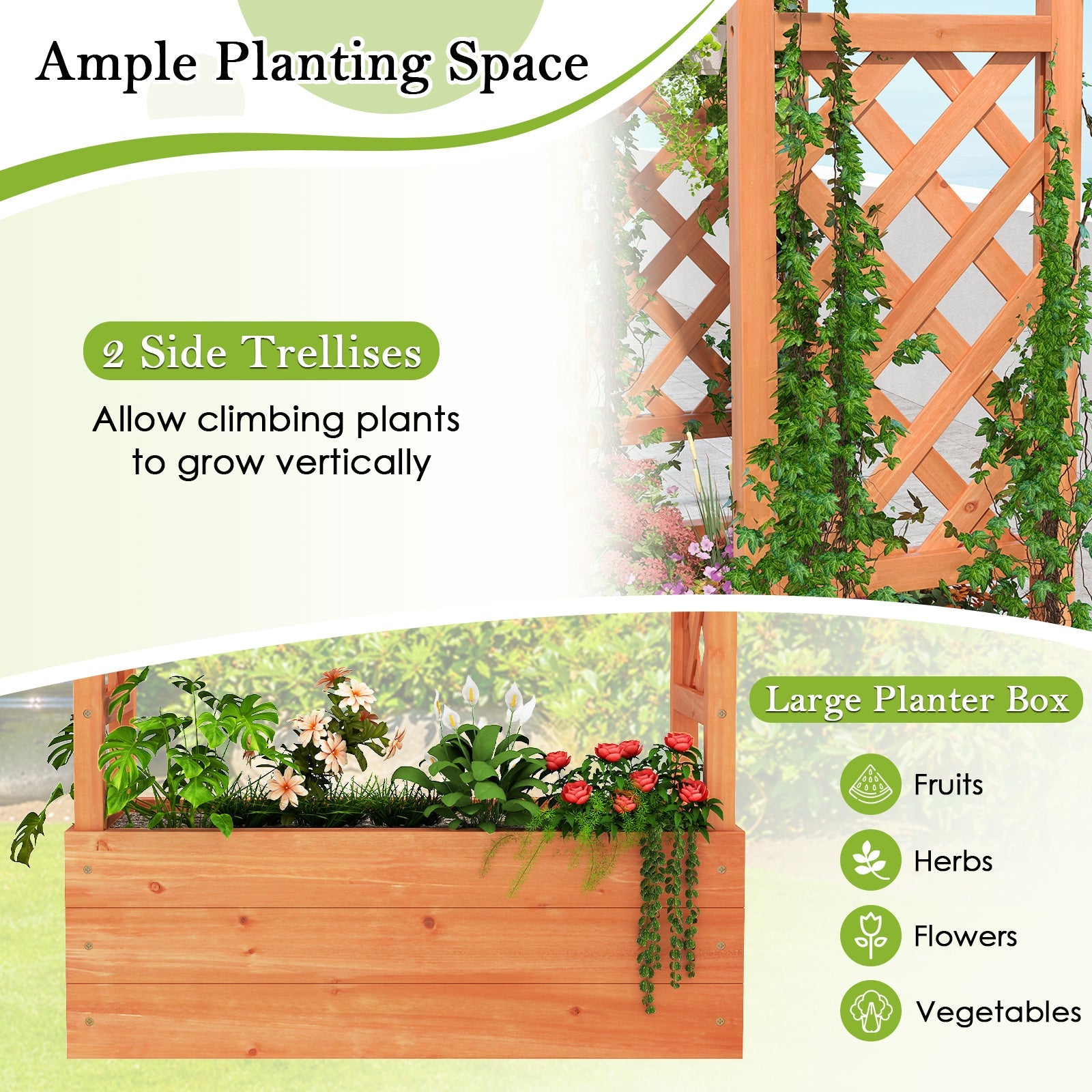 Wooden Raised Garden Bed Elevated Planter Box with Trellis and Hanging Roof